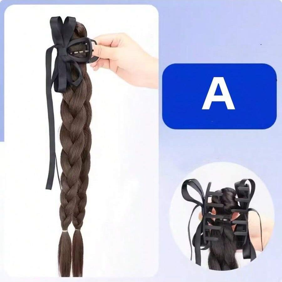 Chinese-style Hair Extensions Clips, Double Ponytail Bow Braids, Twisted Braid Headband Artificial Hair Accessories