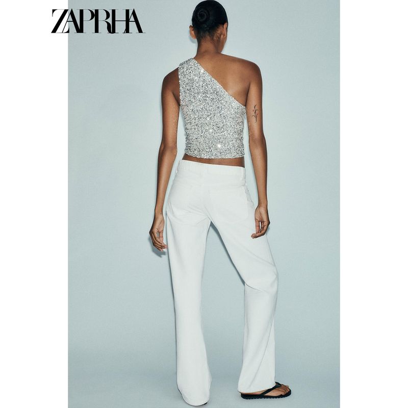 Zaprha 2025 Summer New Popular Asymmetric Design Sense Sequin Girly Style off-Shoulder Top 1014803