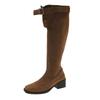 Fashionable knight boots for women wear niche personalized suede square head boots thick heel new belt buckle brown