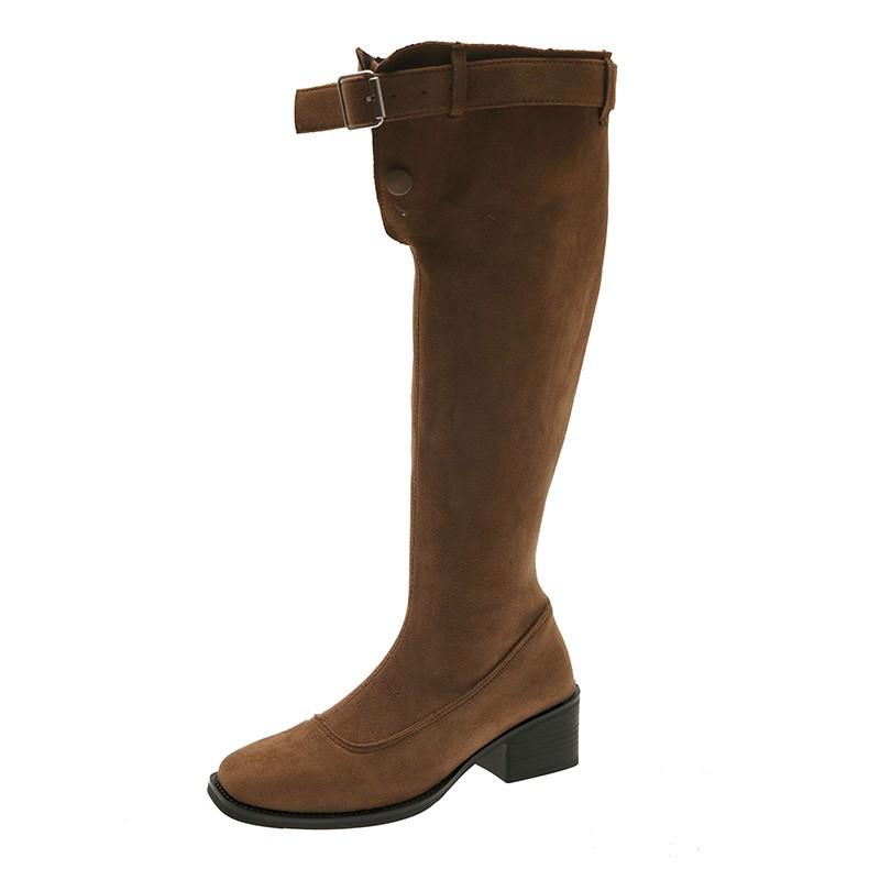 Fashionable knight boots for women wear niche personalized suede square head boots thick heel new belt buckle brown