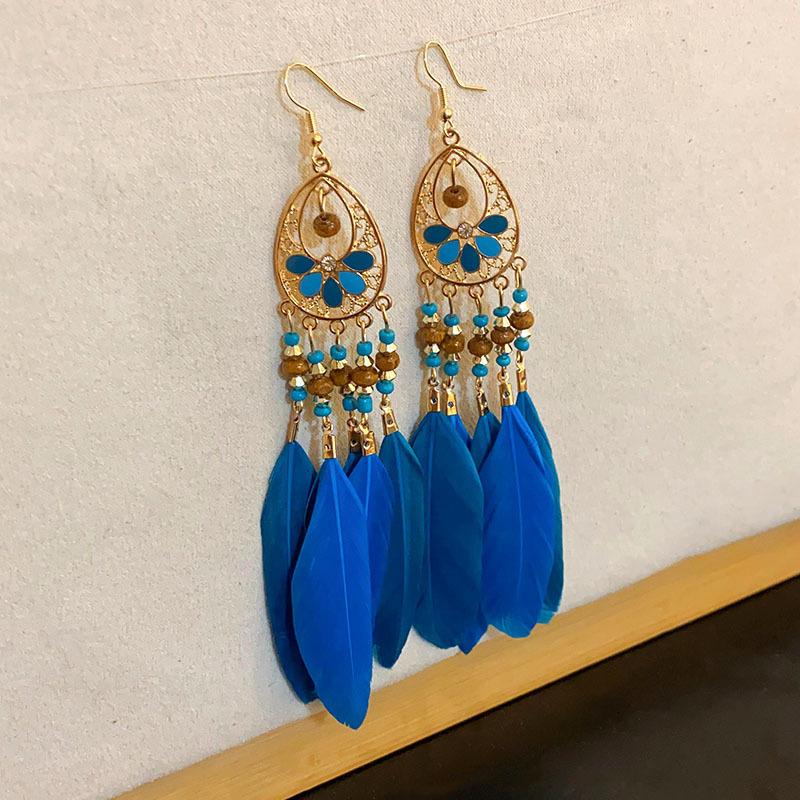

Vintage Round Oil Drop Feather Ear Hook Bohemian Long Earrings Ethnic Style Personality Temperament Earrings Women