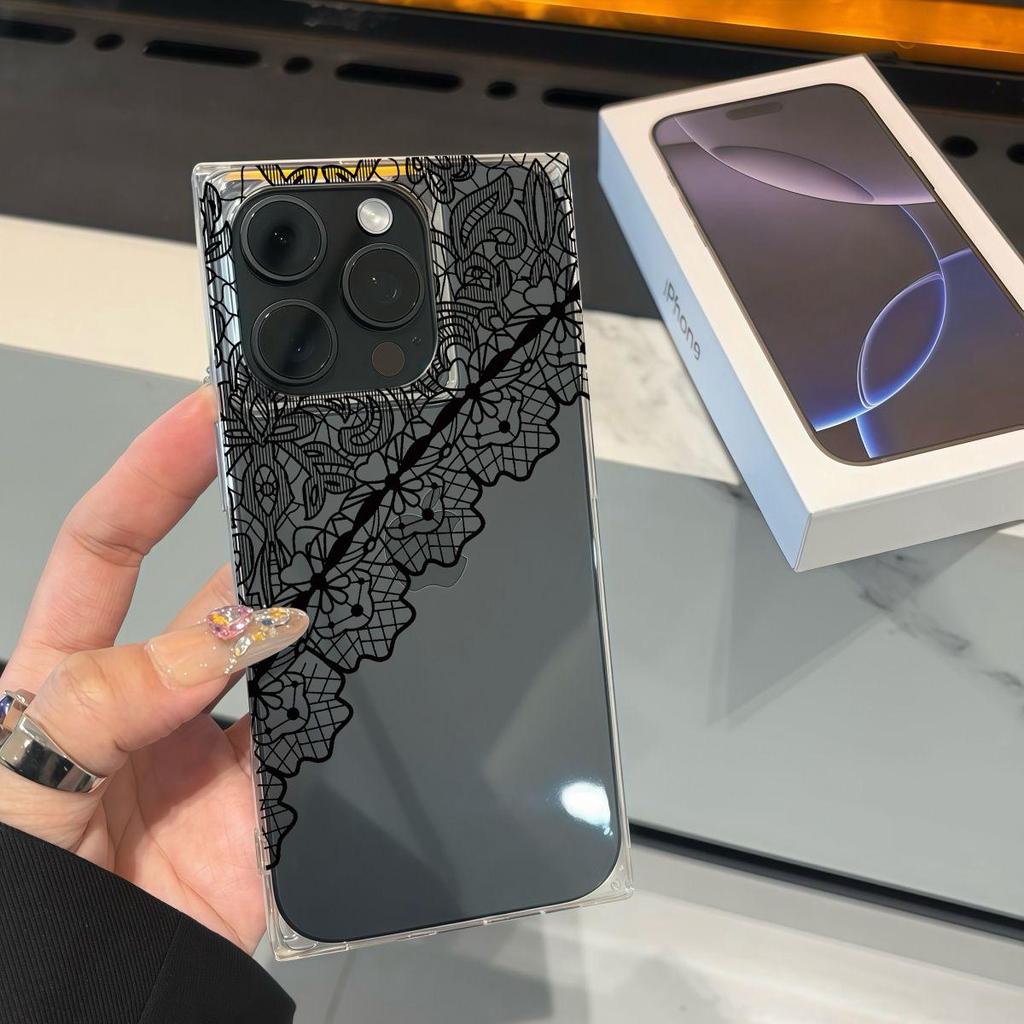 Clear Square Back Tube Case Protection For iPhone 15 Plus 16 ProMax 11 12 14 Pro Max 13 Anti-Oxygen,Black Lace with Messy Net Pattern Pattern Casing