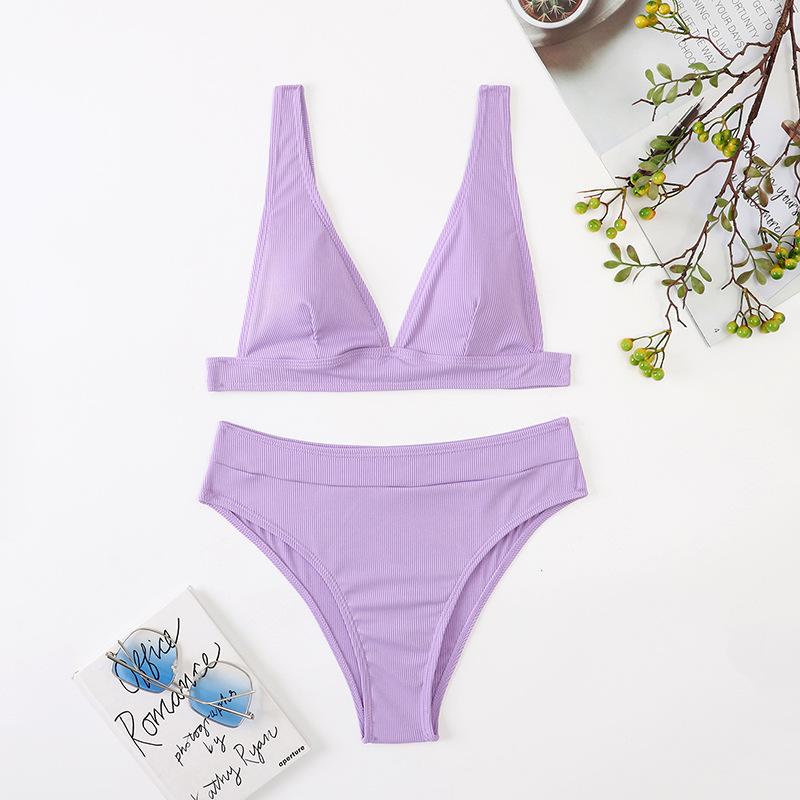 Conjunto de Bikini de cintura alta para mujer, traje de baño unicolor Sexy, conjuntos de dos piezas, ropa de playa, traje de baño 2023