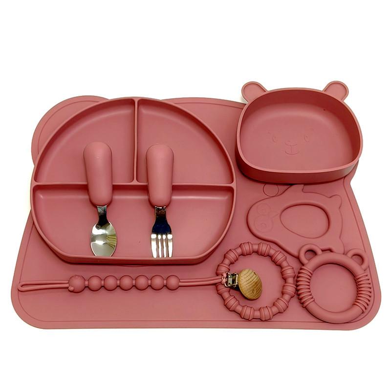 Silicone Baby Fork Spoon Plate Set With Suction Cup Children Eating Bowl Baby Supplementary Tableware Set