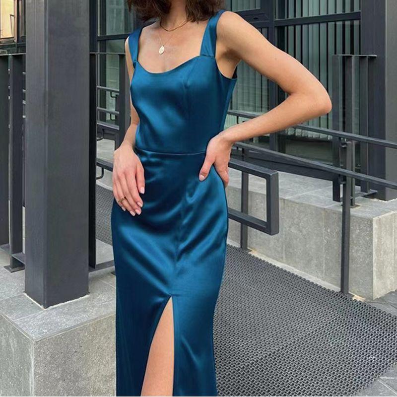 Fashion Wind Sexy Sling Stylish Slit Satin Dress Sexy Suspender Slit Dress