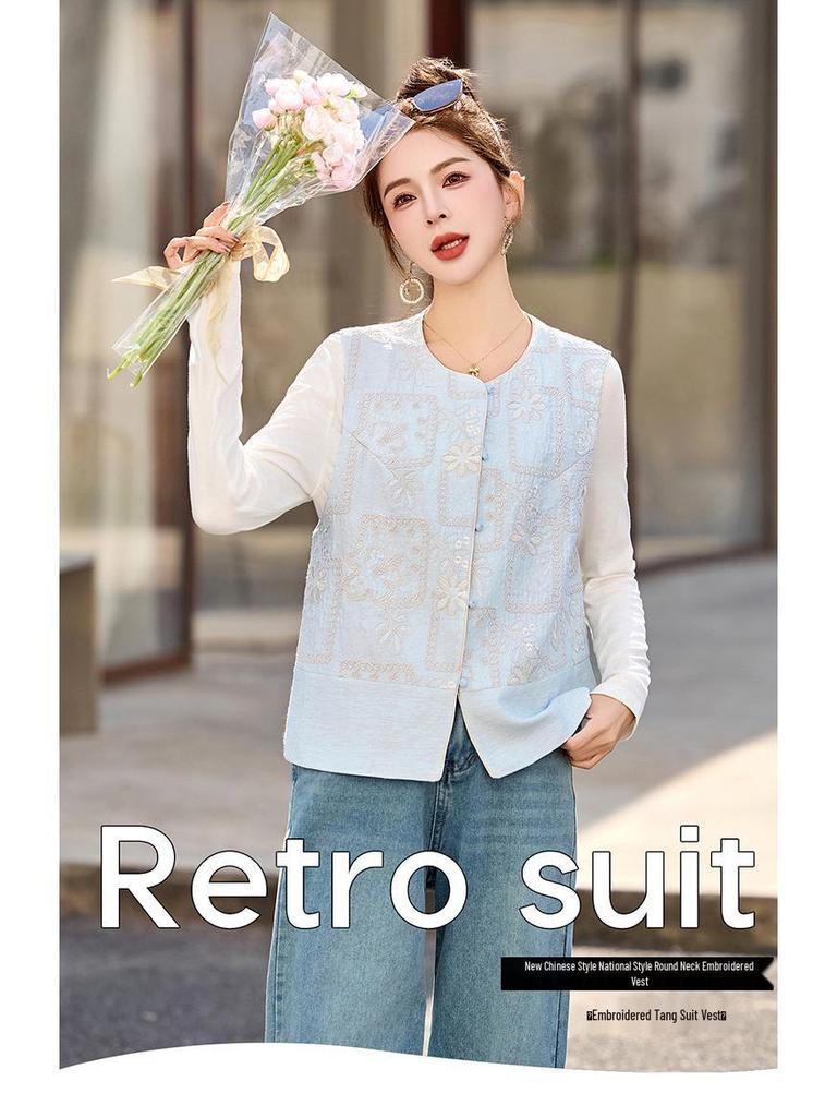 Spring 2025 Women's Embroidered Tang Suit Vest - Chic, Age-Defying Style