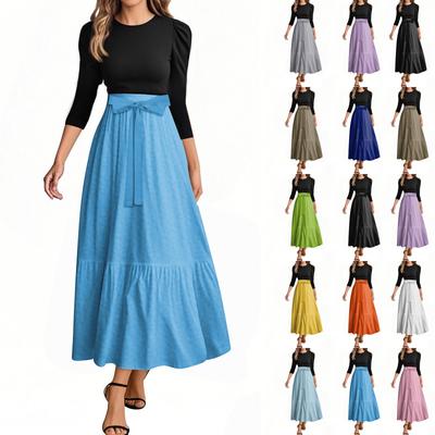 Damenmode Freizeitgürtel Rundhals Einfarbig Spleißen Elegant Temperament Dreiviertelärmel Kleid