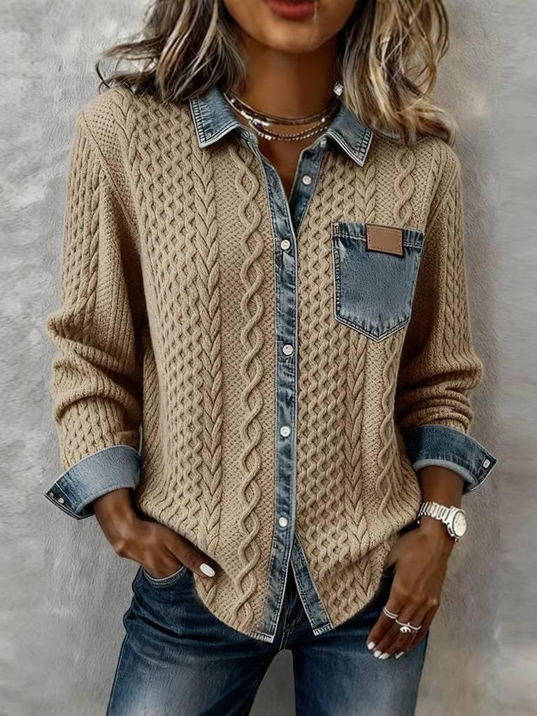 2026 European & American Style Women's Knitted Patchwork Denim Shirt - Autumn/Winter Long Sleeve Cardigan Outerwear