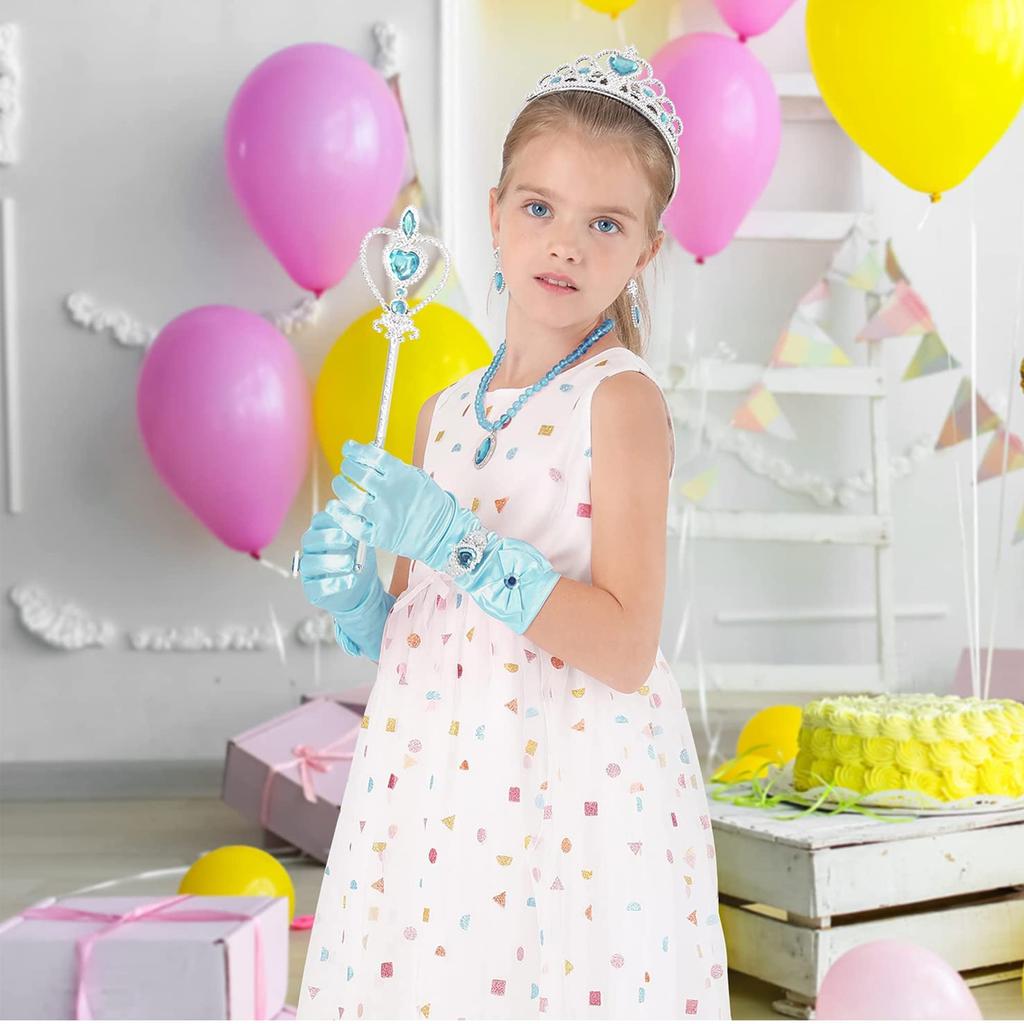 DERAYEE Princess Gloves for Cosplay, Princess Elsa, Kids' Frozen Costume, Frozen Gloves, Party Tiara, and Magic Wand Accessory Set for Ages 6 and Up