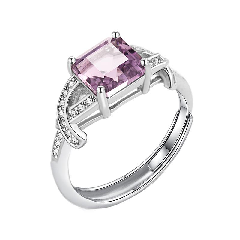 

Women s 925 Sterling Silver Square Ring, Princess Cut Natural Amethyst Crystal Band, Elegant Fashion Jewelry Gift for Girls Opening adjustable
