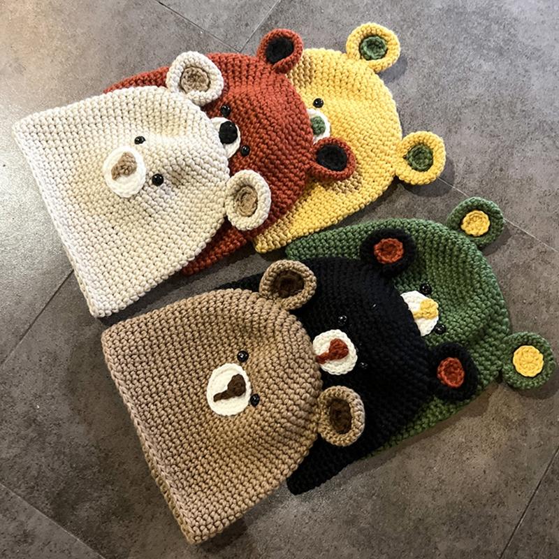 Unisex Wollmütze Häkelmütze Niedliche Bärenohren Strickmütze Warmes Ohr zum Schutz für Frühling Herbst Winter Tägliches Tragen