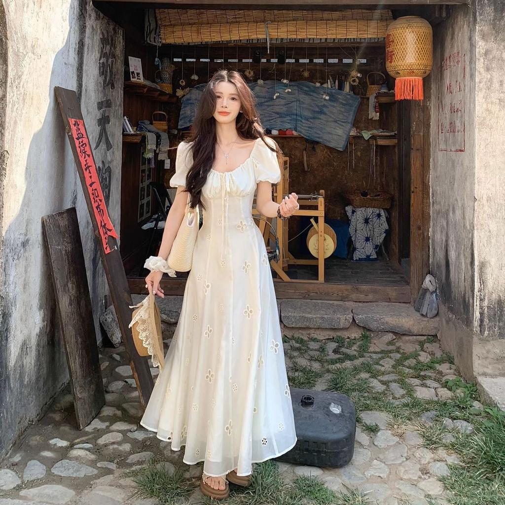 Temperament light and gentle wind jacquard apricot dress 2026 summer temperament vacation style thin design long dress