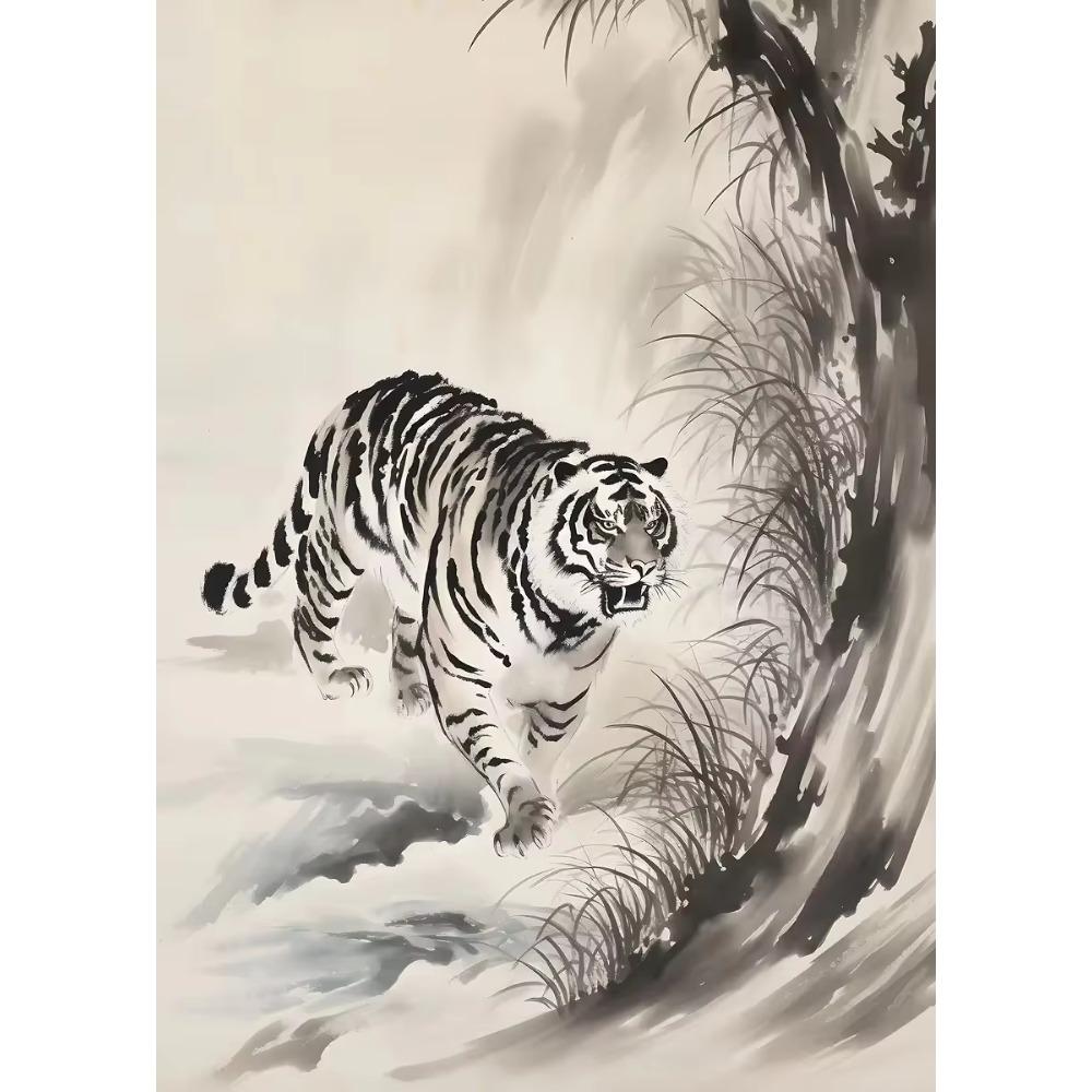 Chinesische Tuschezeichnung Retro Tiere Vintage Poster Tiger Panda Drache Nashorn Retro Leinwand Wandkunst Wohnzimmer Heimdekoration
