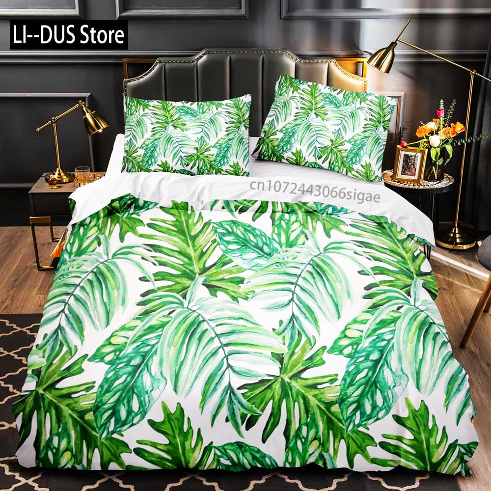 Tropische Pflanzen Floral King Queen Bettbezug Grün Palmblätter Bettwäscheset Cremefarbene Blumen 2/3-teilig Polyester Steppdecke