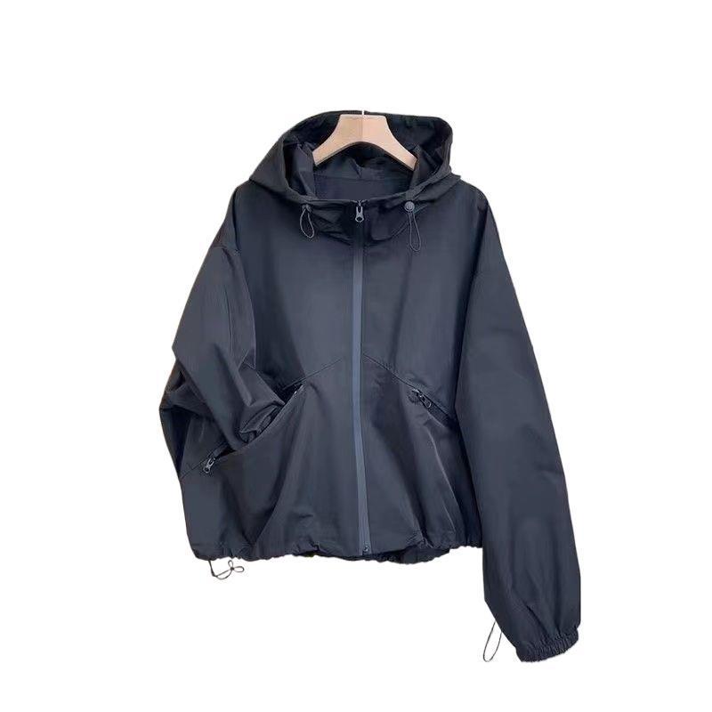 2024 Women's Trendy Black Hooded Windbreaker Jacket - Casual Autumn High-End Style