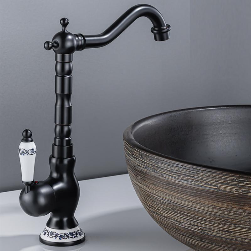 Black Brass 360° Rotatable Ceramic Lever Vessel Sink Mixer Tap for Bathroom Kitchen Hot Cold Water Retro Single Hole Faucet