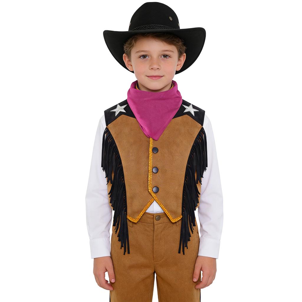 Costume da Cowgirl Western per Bambini Set Gilet Frangiato Bordatura in Nastro Dorato Bottoni a Pressione Cappello a Tesa Larga Bandana Outfit