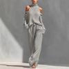 Off-Shoulder High Neck Knit Sweater and Wide Leg Pants Set In Beige