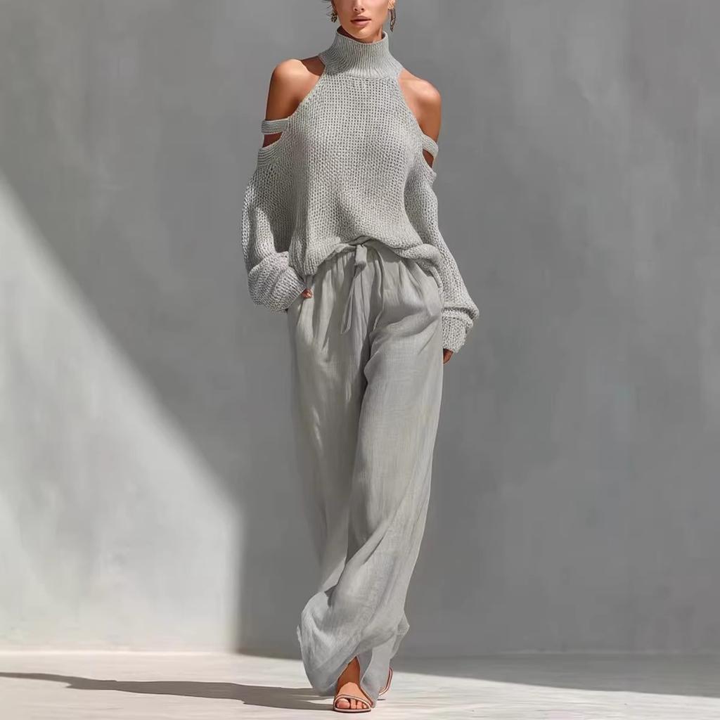 Off-Shoulder High Neck Knit Sweater and Wide Leg Pants Set In Beige