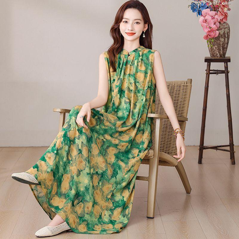 Elegant Floral Print Plus Size Dress for Middle Aged Women Summer Cotton Long Dress