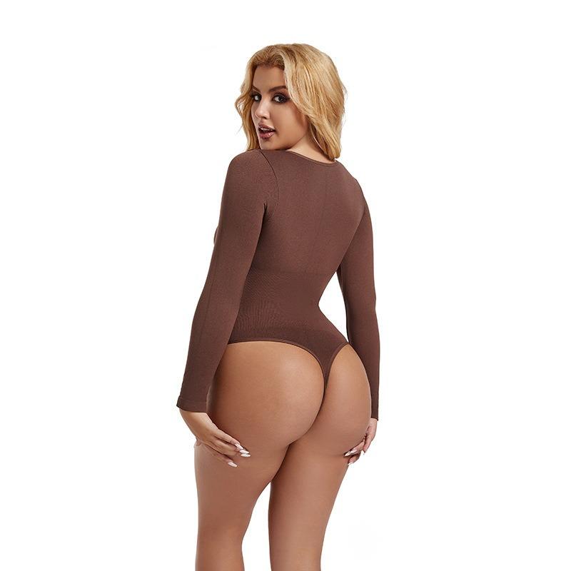 Nahtloser Square Neck Langarm Tummy Control Po-Lifting Taillenraffender Bodysuit Formwäsche