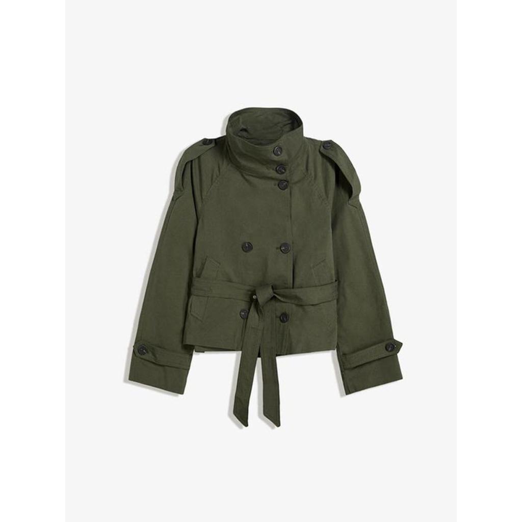 Women's Stand Collar Long Sleeve Jacket Belted Waist Streetwear Double Breasted Short Trench Coat