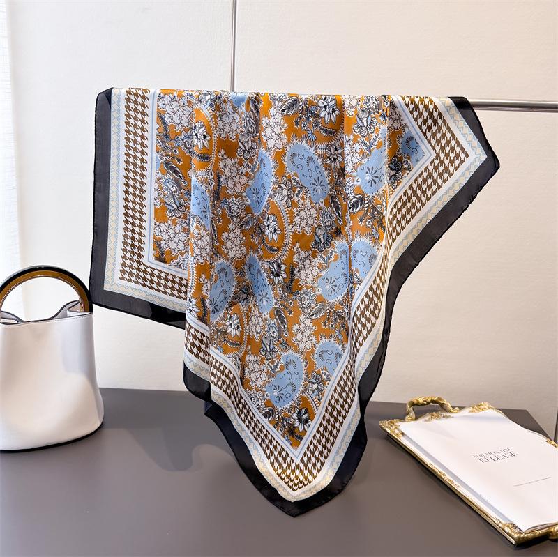 71Cm small square scarf imitation silk scarf headscarf interwoven plaid printing neck protection scarf professional versatile scarf scarf scarf