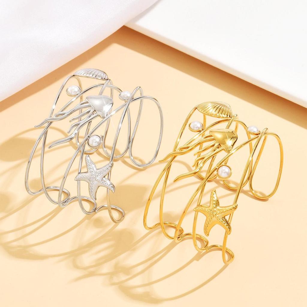 Super Fairy Marine Life Seashell Jellyfish Starfish Wide Cuff Bracelet - European & American Beach Vacation Style