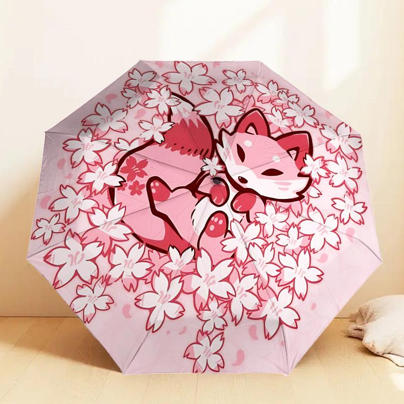 1pc Fox Cherry Blossoms Automatic Folding Umbrella 8 Rib Iron Frame,  Suitable for Travel, Daily Use, Birthday, Women & Men Gift c1231063