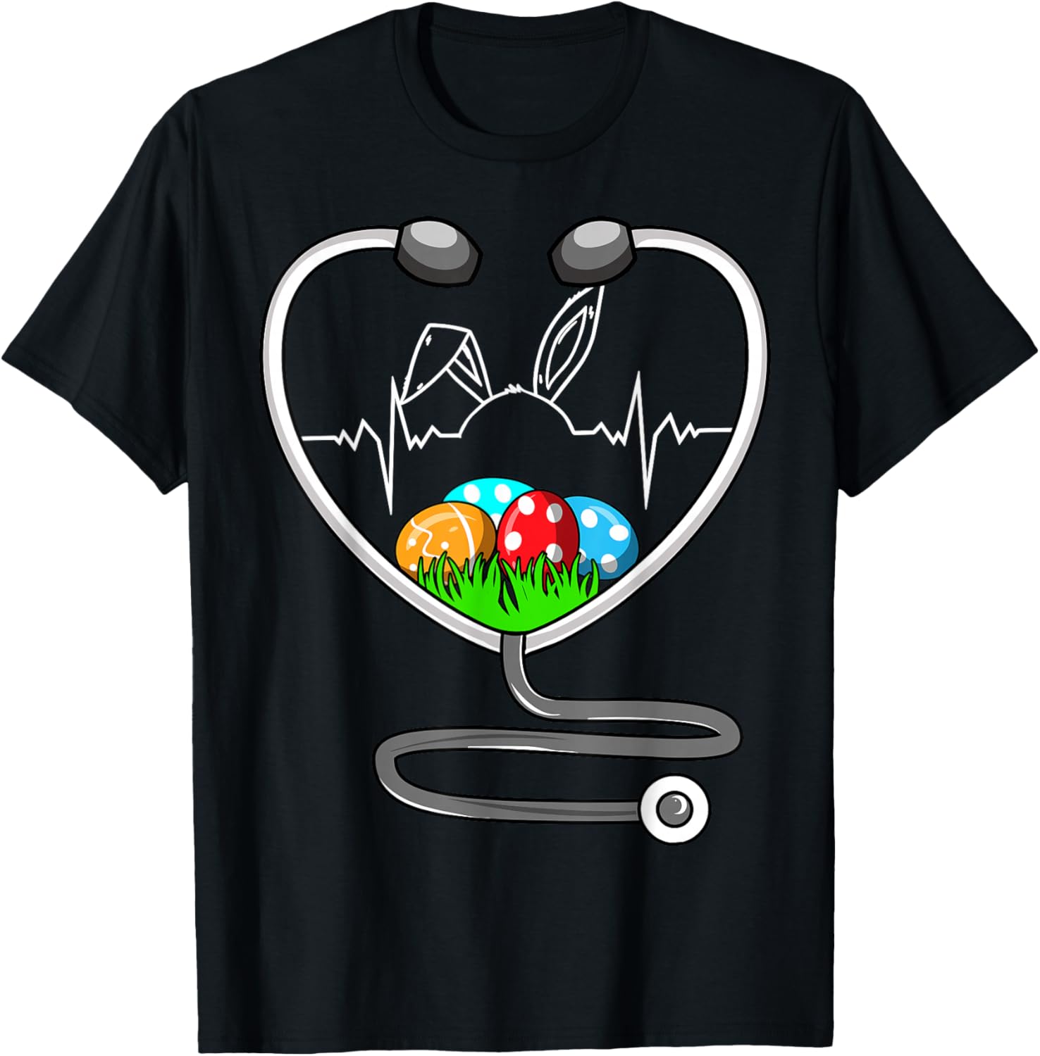 

Easter Bunny Stethoscope Heartbeat RN Nurse Graphic T-Shirt Casual Cotton Short Sleeve Tee 4XL