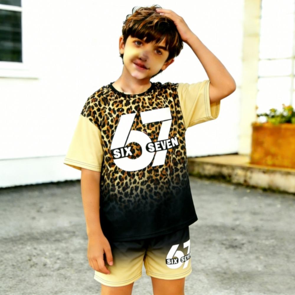 Fashion 67 Leopard Colorful Gradient Printed Kids T-shirt and Shorts 2 Piece Set Summer Casual Outfit for Boy's and Girl's Kids Clothing Top
