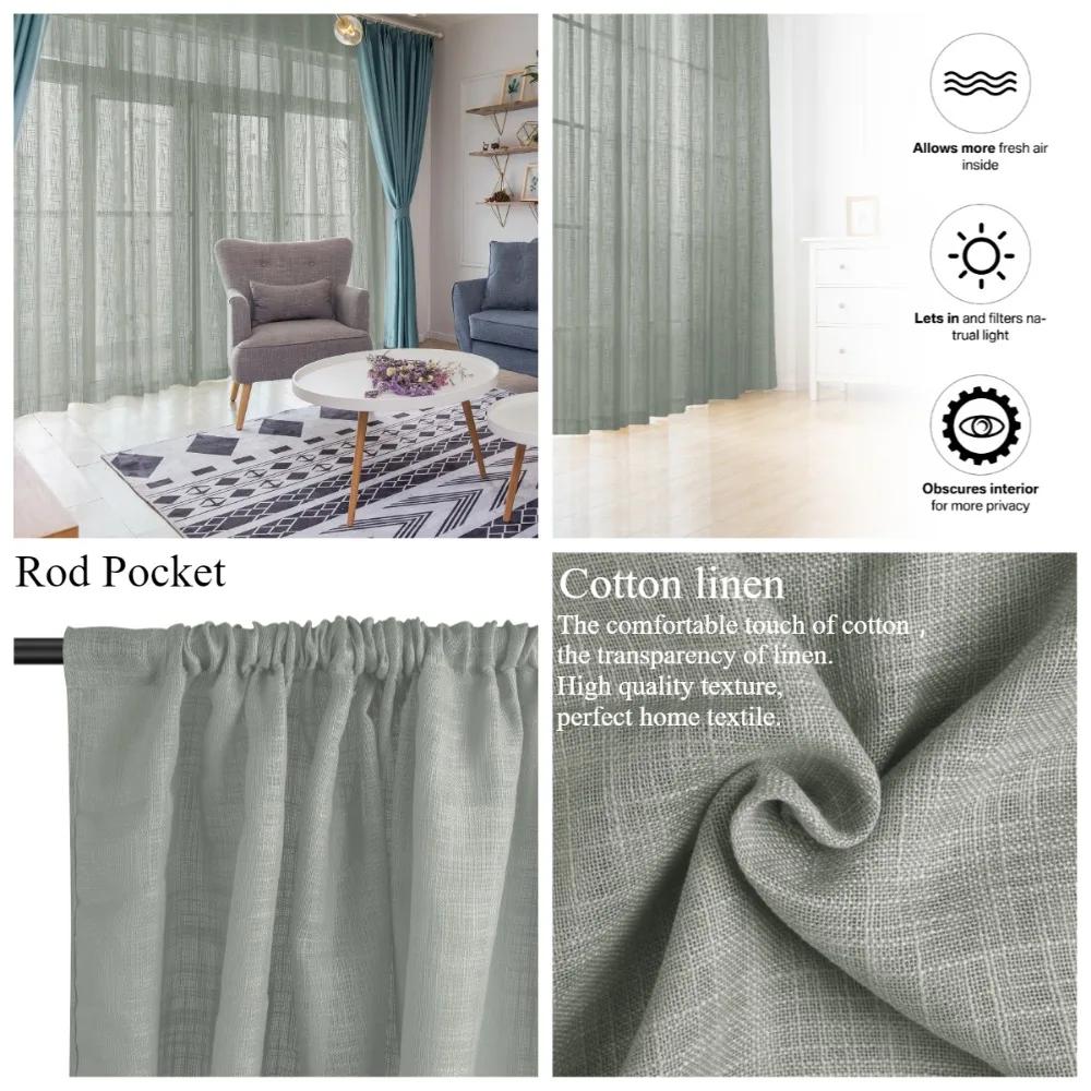 Cotton Linen Sheer Curtains Semi Transparent Voile Rod Pocket Curtains for Bedroom Living Room Light Filtering Window Curtains