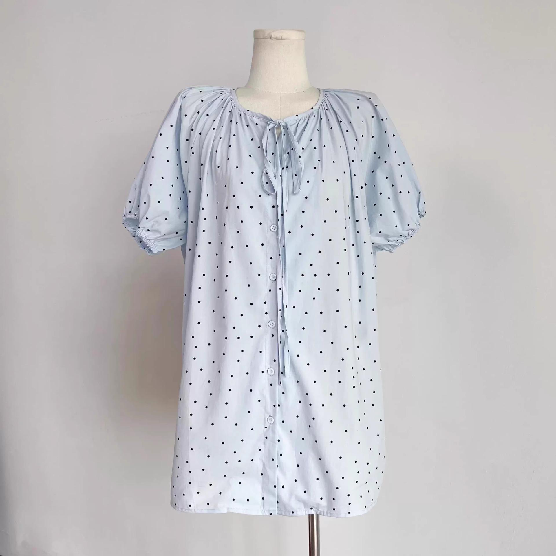 

Summer small fresh polka dot bubble sleeve shirt dress women s new loose casual medium and long lace-up doll shirt S синий