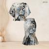 Women Plus Size Printed Two Piece Skirt Set Round Neck Batwing Sleeve Ruffle Hem Top Fishtail Skirt Black Grey Gold