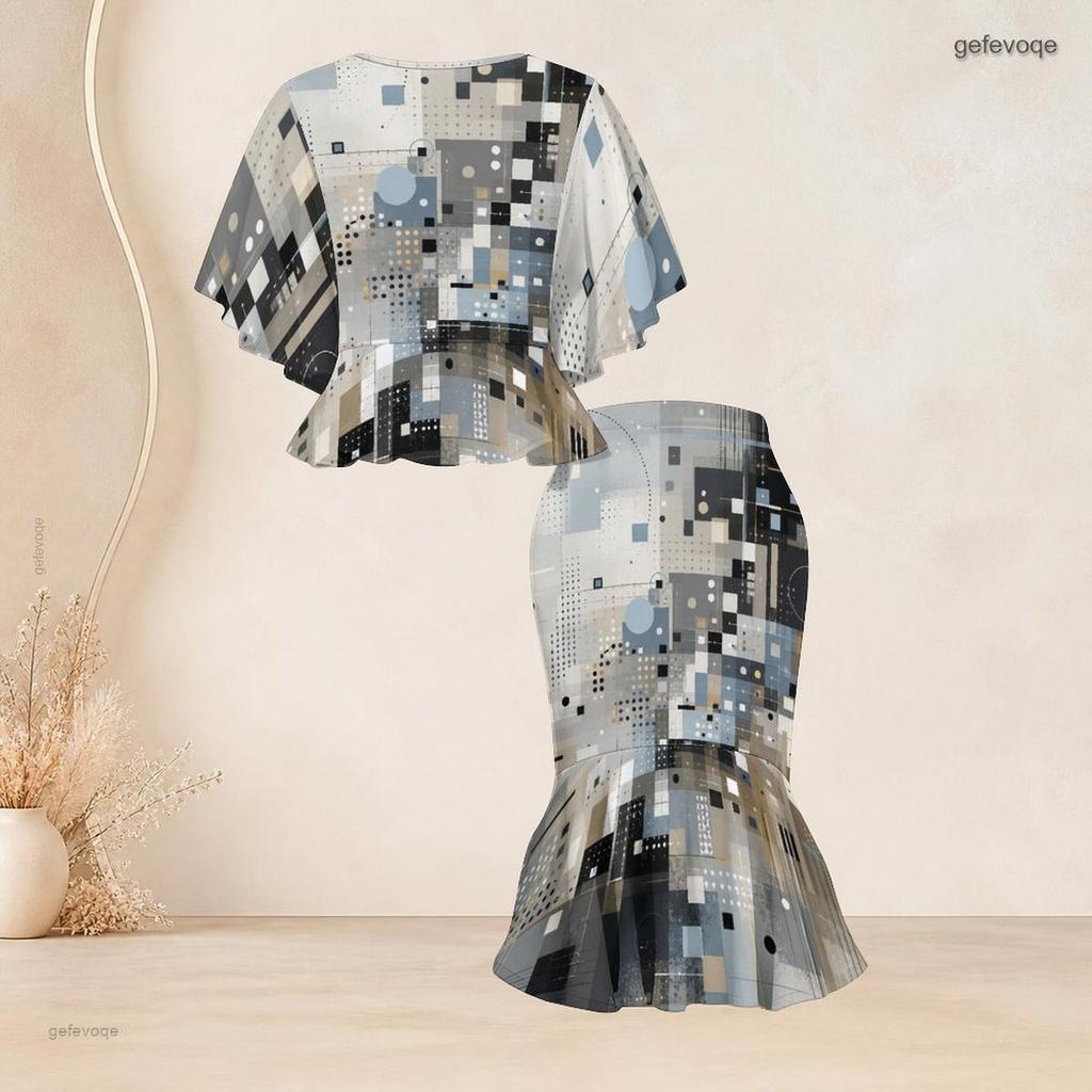 Women Plus Size Printed Two Piece Skirt Set Round Neck Batwing Sleeve Ruffle Hem Top Fishtail Skirt Black Grey Gold