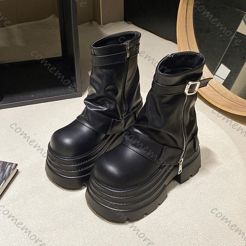 Fashion Comemore 10cm Height Increase Ankle Boots for Women Autumn Platform Punk Style Motorcycle Botines High Heel Western Botas Female