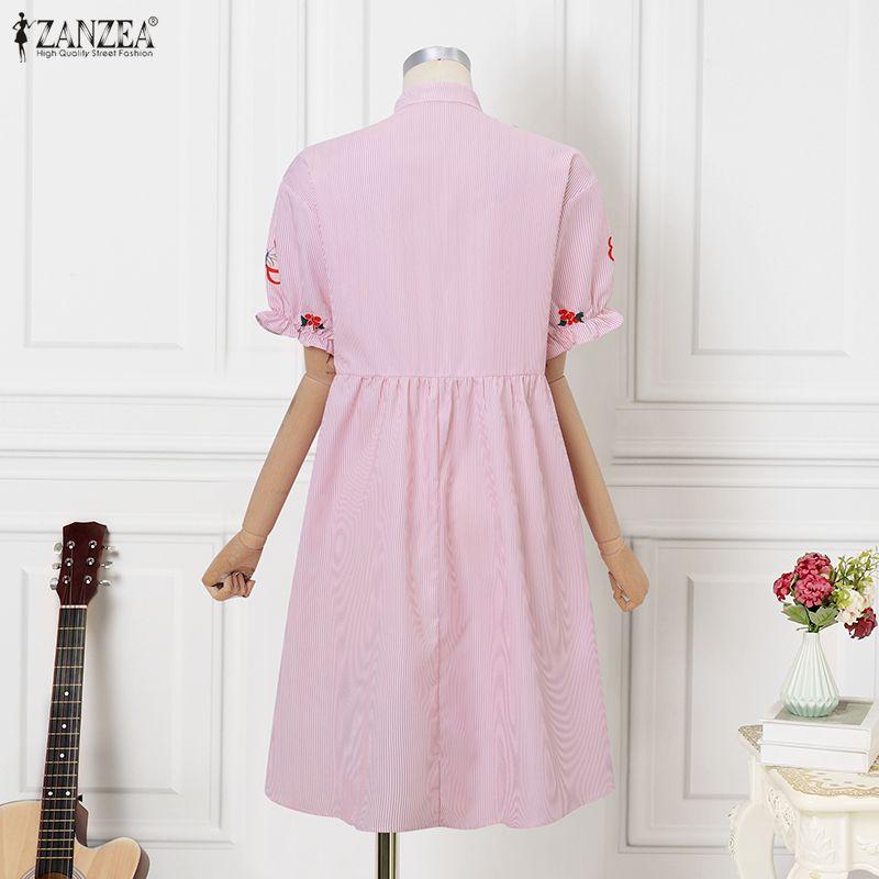 ZANZEA Summer Women Casual Stand Collar Print Short Sleeve Long Dress