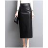Women's Black High Waist Faux Leather Bodycon Midi Pencil Skirt with Back Vent