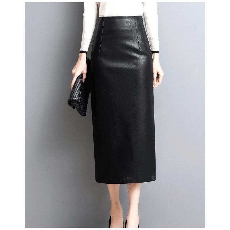 Women's Black High Waist Faux Leather Bodycon Midi Pencil Skirt with Back Vent