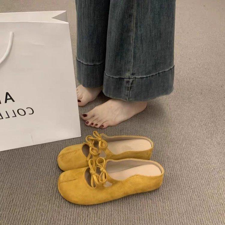 Retro Mori round head bow inner heightening bag head half slippers summer outer wear wedge heel Muller shoes