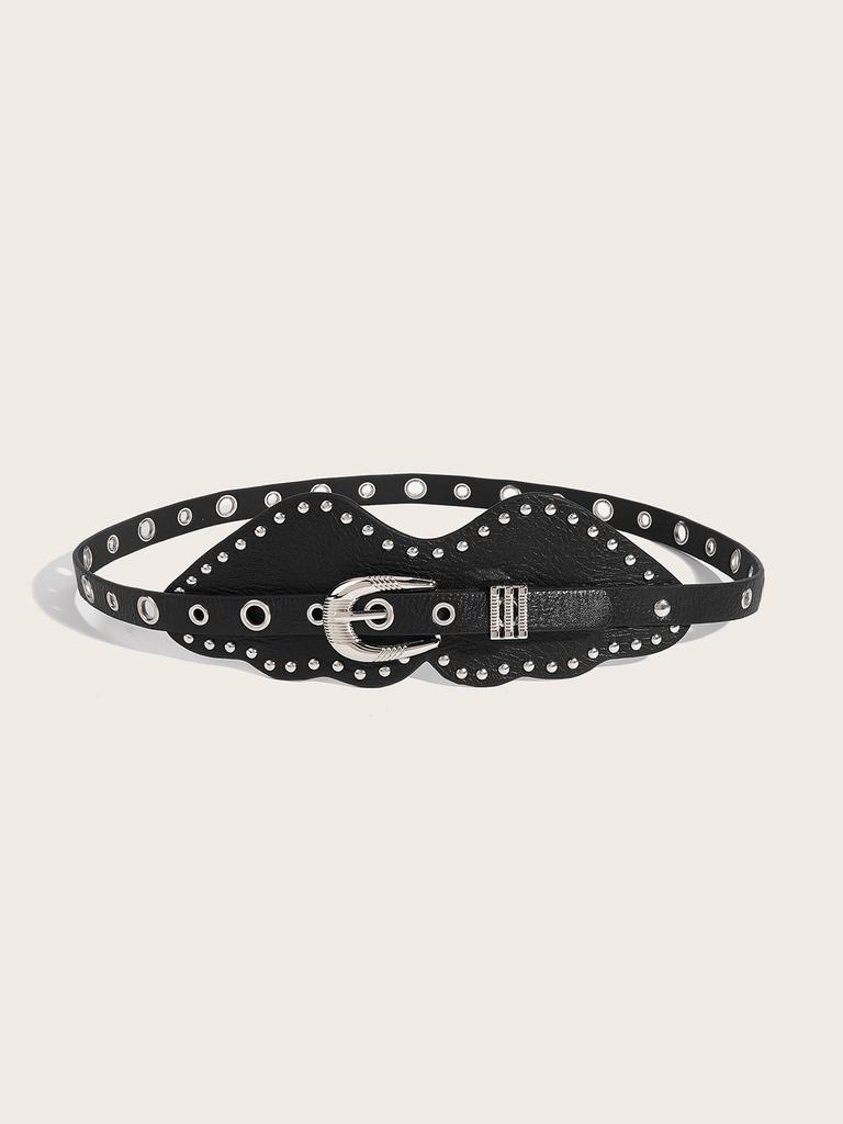Faux Retro Trendy Leather Belt With Metal Pin Closure Bold Decorative Elements