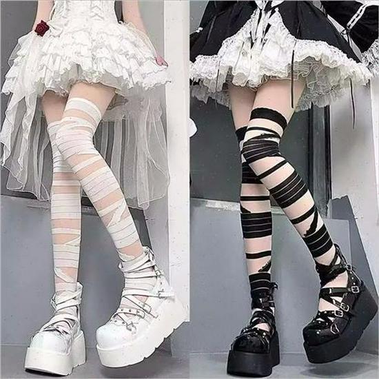 Lolita Cross Irregular Laced Over-the-Knee Stockings for JK Girls
