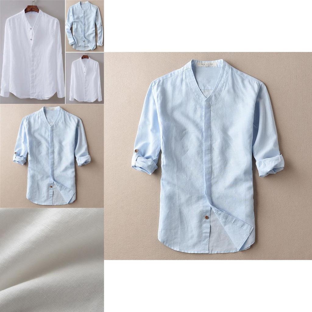 Premium Men's Loose Cotton And Linen Shirts With V-neck For Ultimate Comfort
