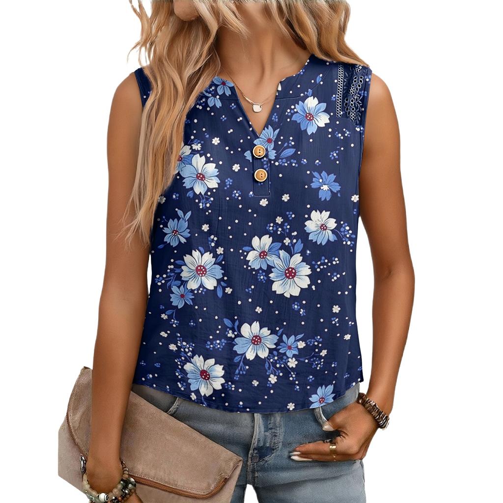 Women's Casual, Loose-Fitting, Printed, Sleeveless Linen Blouse
