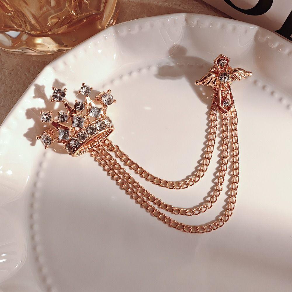 Cross Crown Tassel Brooch Chain Suit Lapel Pin Unique Men Brooch Collar Decoration