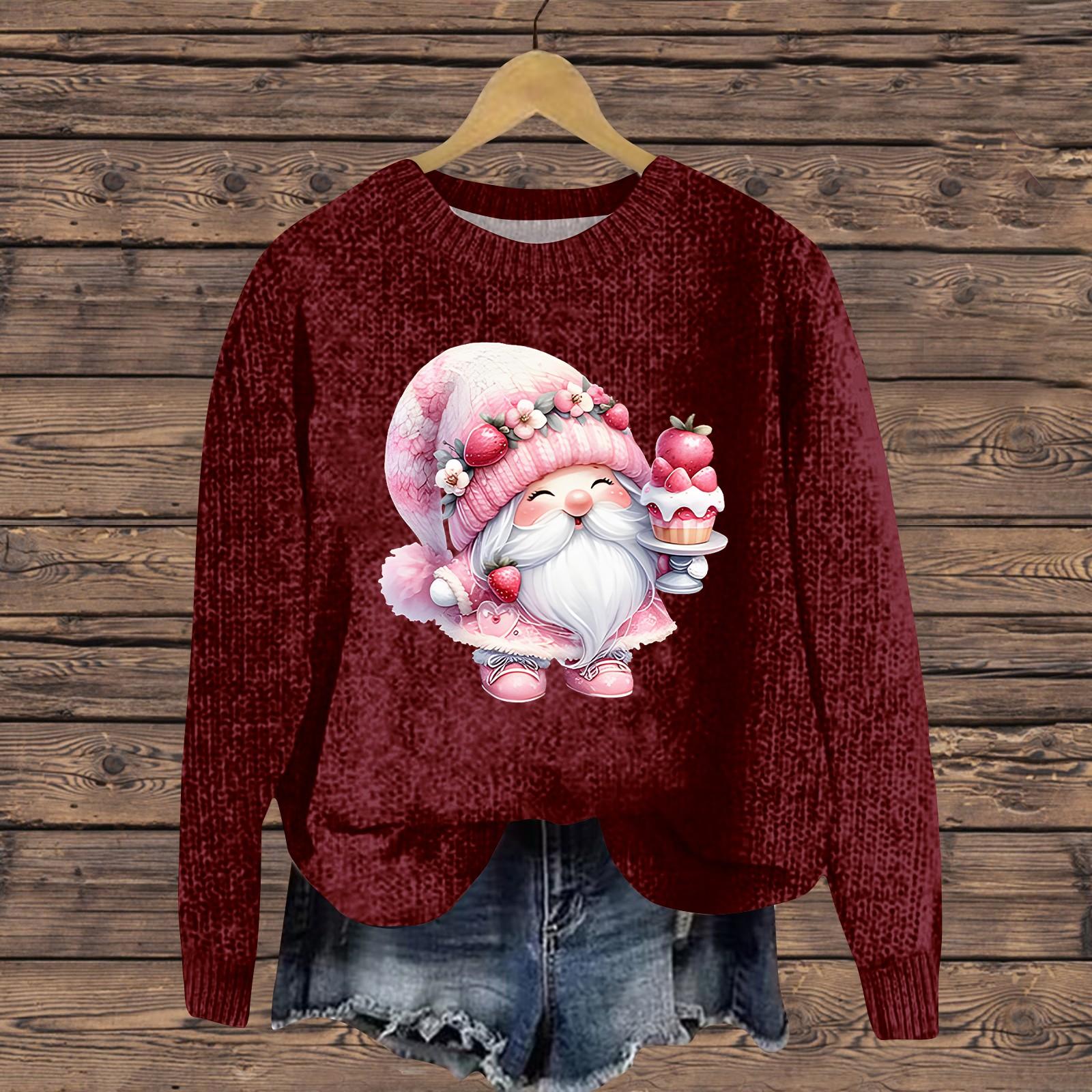 

Женская мода повседневный длинный рукав рождественский принтованный воротник шерстяной трикотажный пуловер топ XXL красный