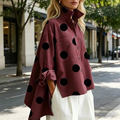 Kadınlar İçin Puantiyeli Kot Gömlek Bol Kesim Düğmeli Üst Göğüs Cepli Günlük Oversize Dış Giyim Bahar Yaz Modaya Uygun Trend Gömlek
