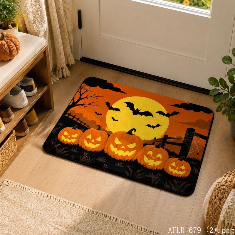 Halloween Bat Pumpkin Round Moon Door Mat Gothic Non-Slip Entry Rug Spooky Floor Carpet Home Decor