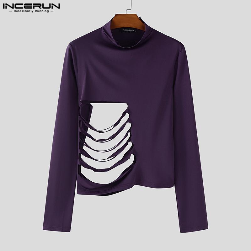 INCERUN Magliette intime casual aderenti a maniche lunghe con collo alto e cut-out con fasce da uomo