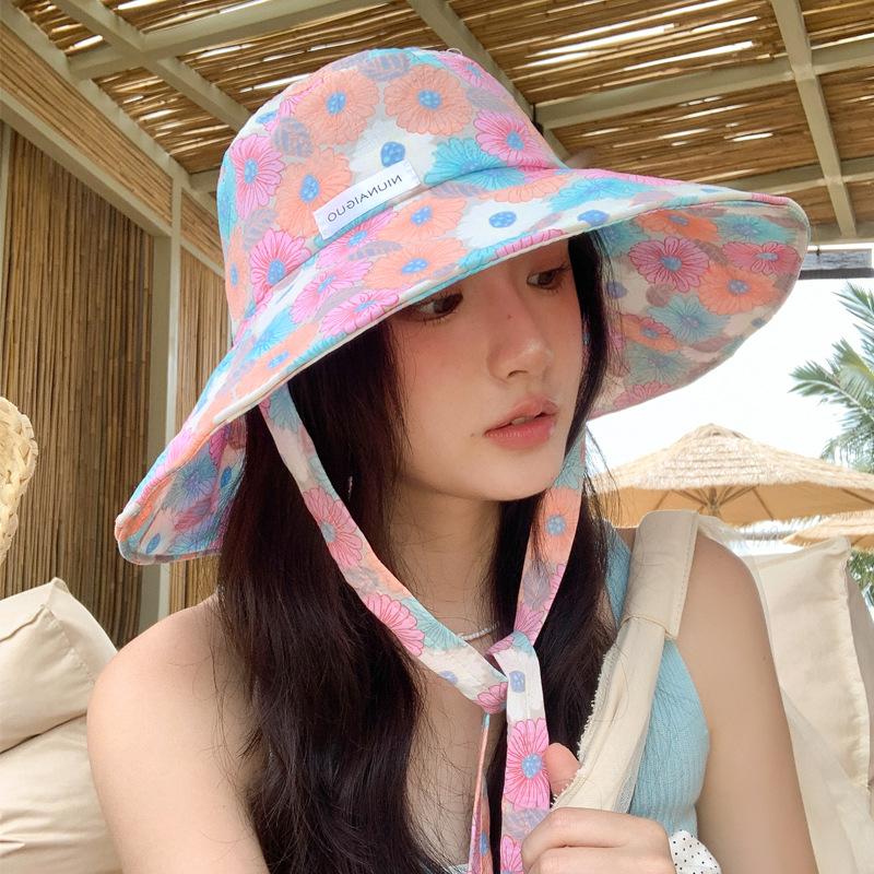Small fresh flower strap, fisherman's hat, children's summer outing, large brim, sunscreen, and washbasin hat, new model.